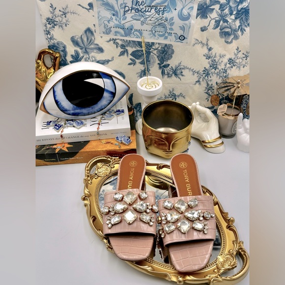 🆕 TORY BURCH 🧿 NWOT Martine 25mm Slides, Pink Croc Embossed Crystal, Sz 7 - Picture 2 of 16
